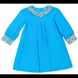 Turquoise Light Corduroy Dress with Floral Ruffle Details